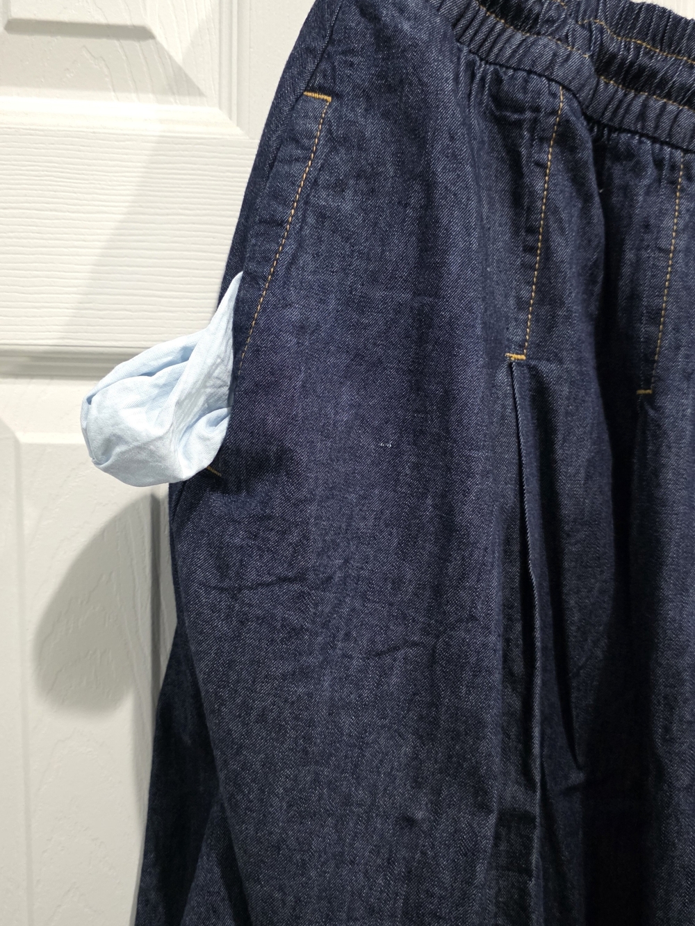 Elastic-Waist Dark Blue Denim A-Line Skirt - Picture 3 of 7